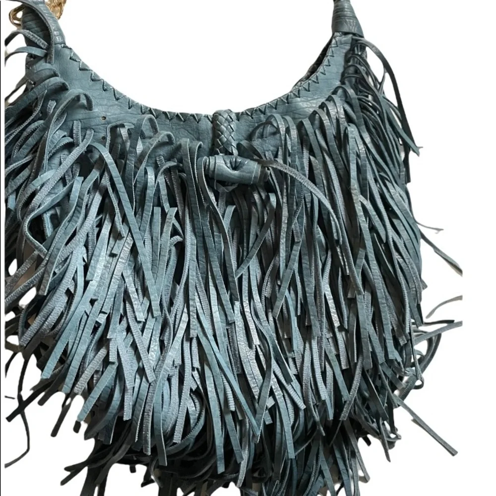Fringed Leather Crossbody Bag in Dark Teal with Chain Strap